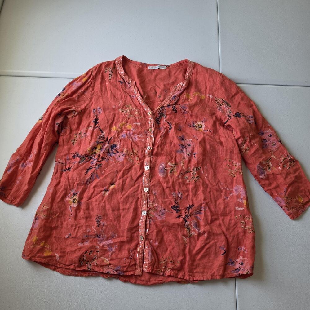 Armand Thiery Tunic Blouse Womens XL Orange Linen Floral Boho 3/4 Sleeve Top